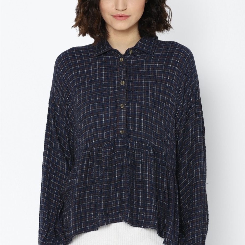American Eagle Women Navy Plaid Flannel Babydoll Shirt Medium